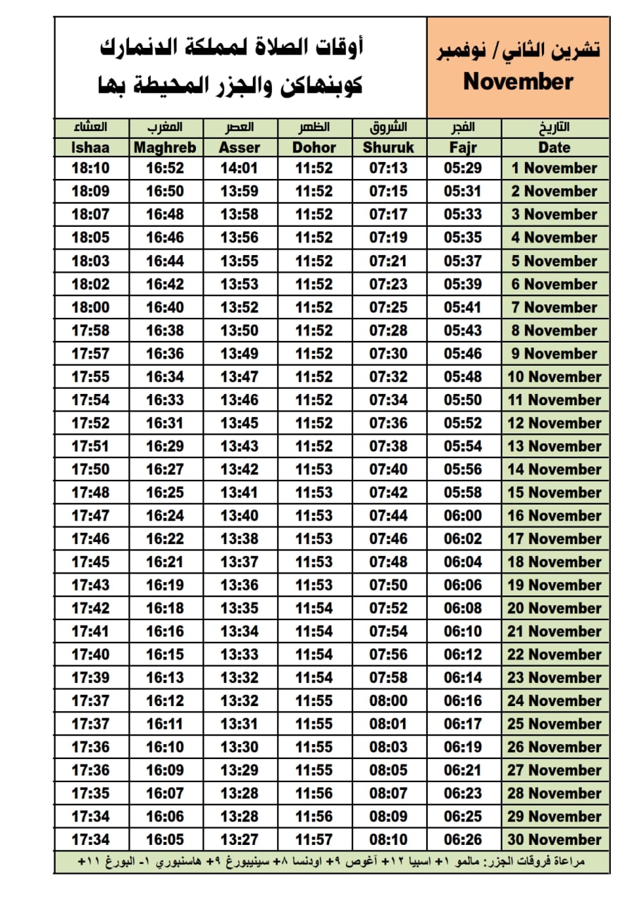 أوقات الصلاة لشهر نوفمبر ( ١١ ).