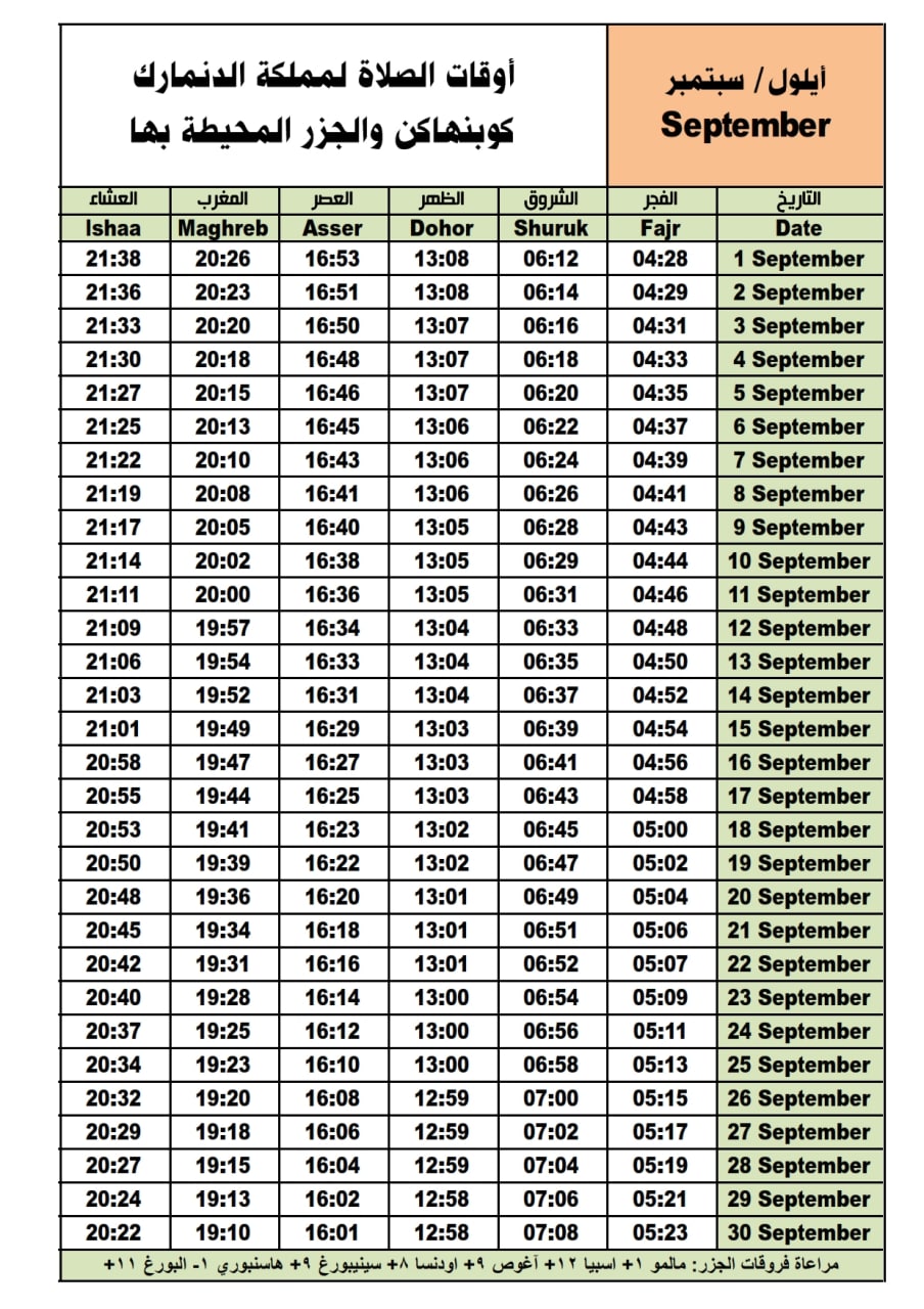 أوقات صلاة الشهر التاسع