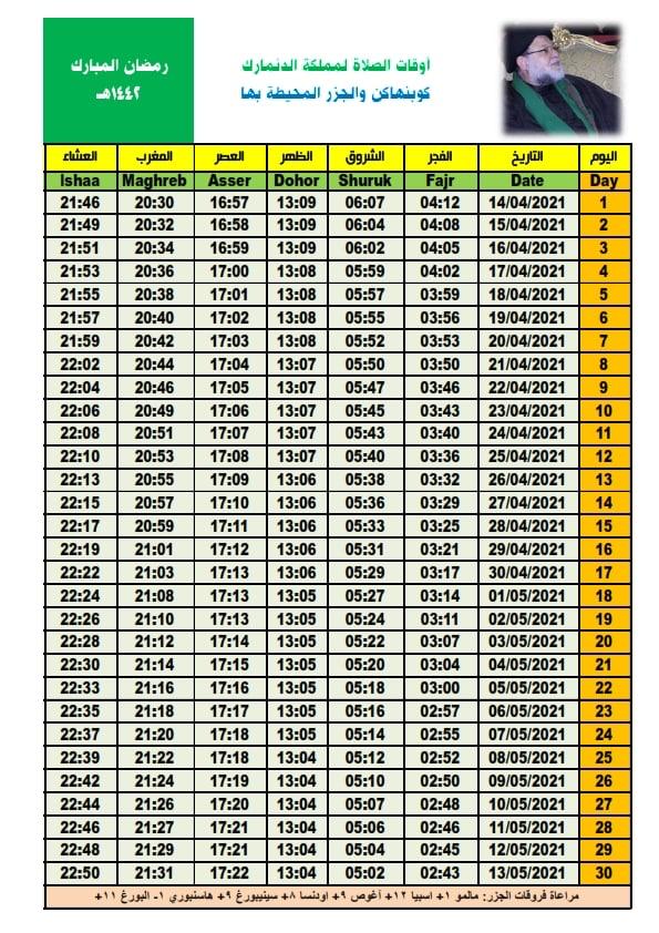 أمساكية شهر رمضان المبارك لعام ٢٠٢١- ١٤٤٢ هجري لمملكة الدنمارك  - كوبنهاغن والجزر.